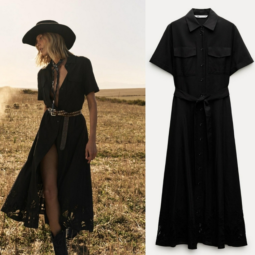 Zara embroidered midi shirt dress black belted short sleeves size Xs new with ta